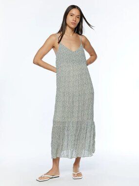 OAK & FORT Floral Pleated Tiered Sleeveless Midi Dress, Teal/Cream, Size M